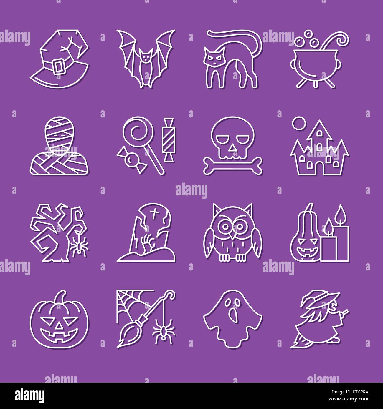 Halloween white thin line with shadow icon set. Vector linear symbol pack. Outline sign without fill. Simple pictogram graphic collection. Concept web Stock Vector