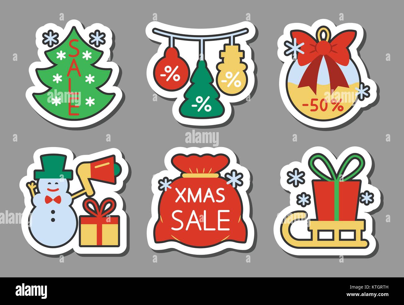 Christmas season sale icon sticker set. Flat style color clearance ...