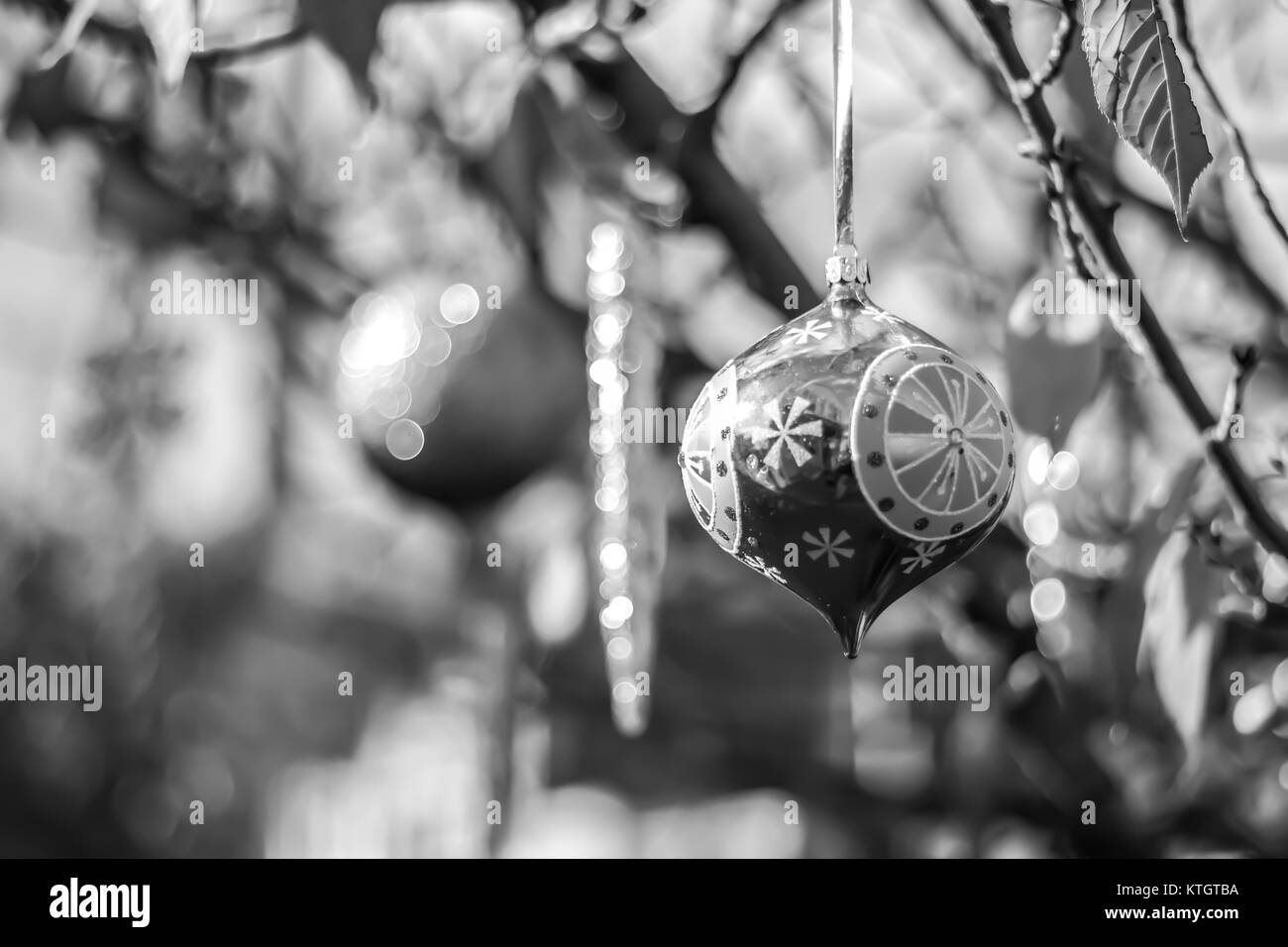 Exterior daytime black and white stock photo of Christmas ornament hanging from tree in Clinton, New Jersey on autumn day Stock Photo