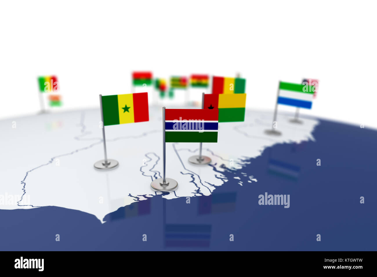 Gambia flag. Country flag with chrome flagpole on the world map with ...