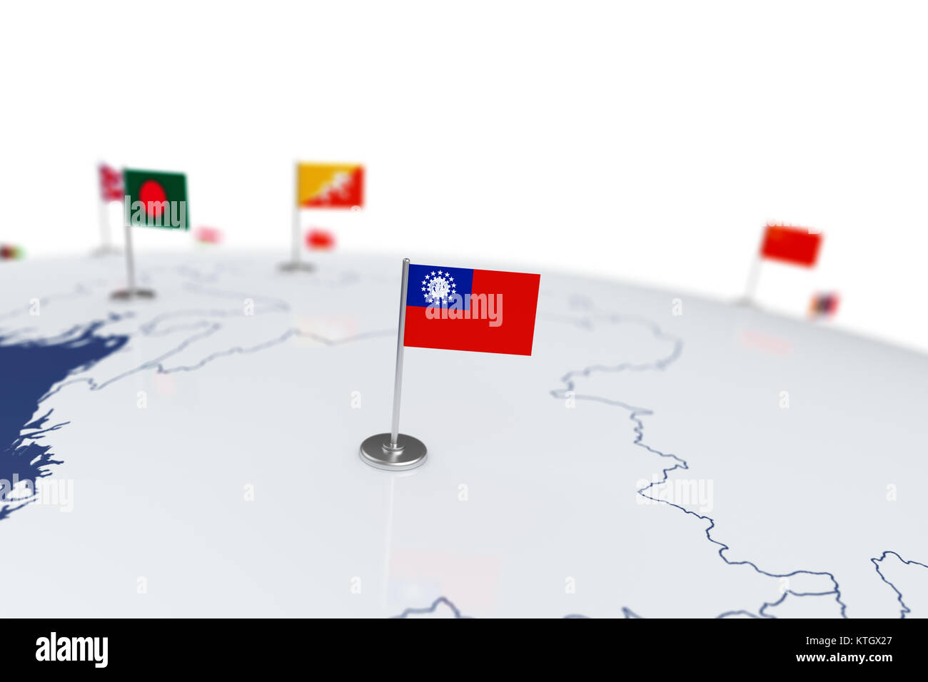 Myanmar flag. Country flag with chrome flagpole on the world map with ...