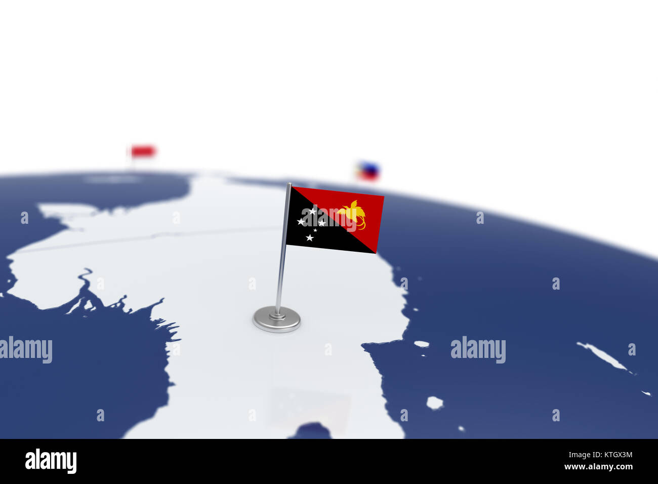 Papua New Guinea flag. Country flag with chrome flagpole on the world map with neighbors countries borders. 3d illustration rendering flag Stock Photo