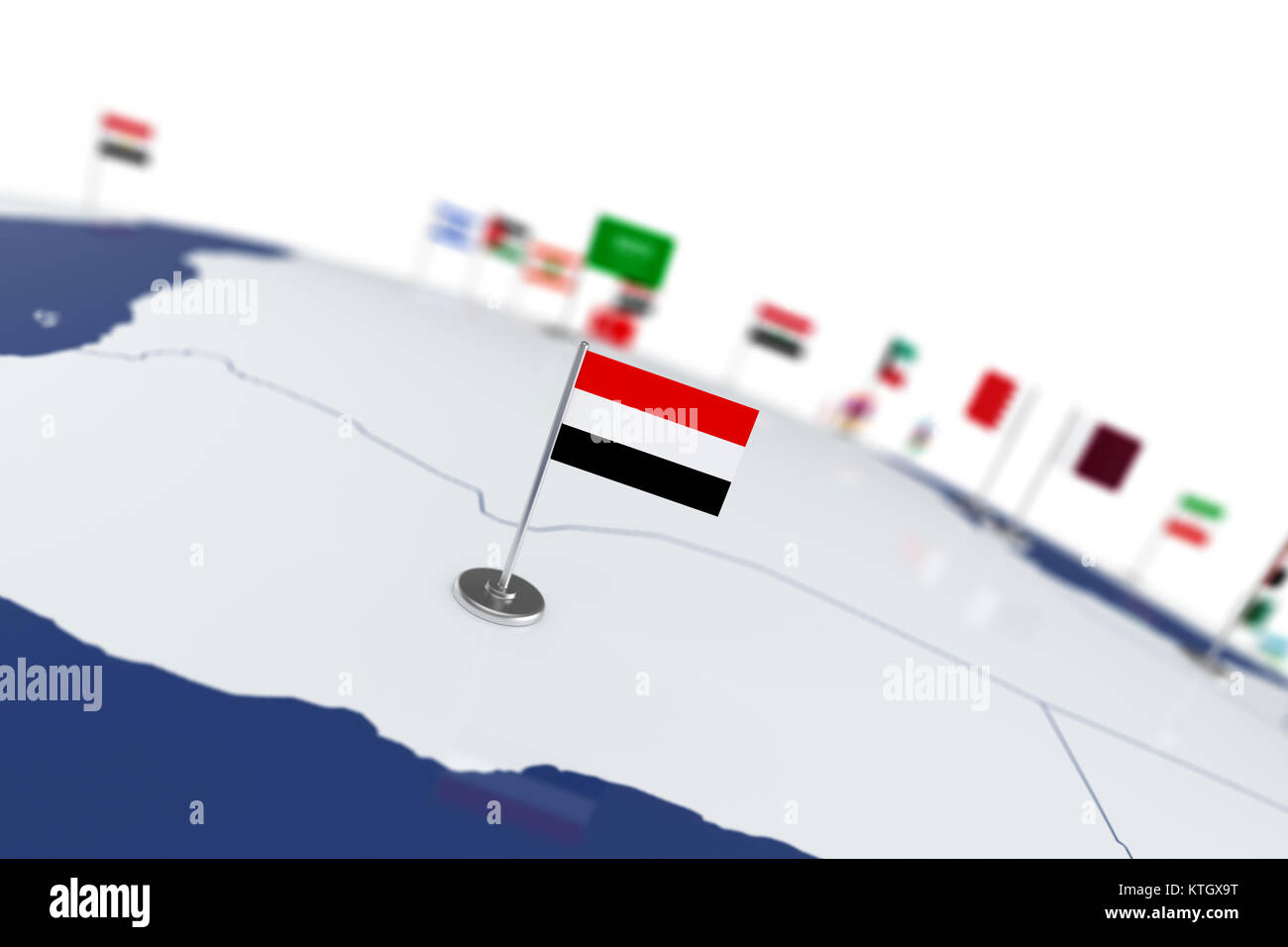 Yemen flag. Country flag with chrome flagpole on the world map with ...