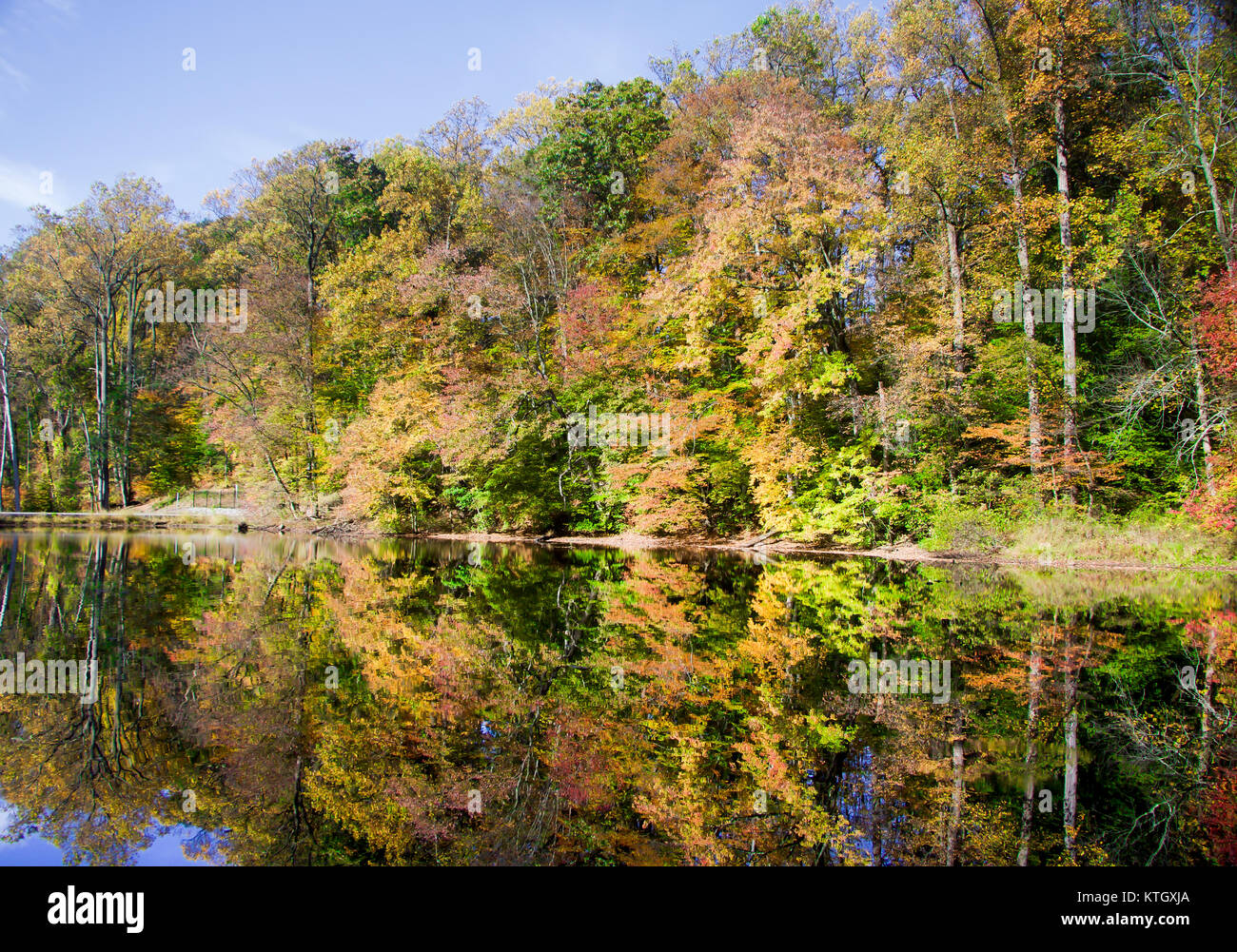 Trees on shore of Lake Surprise with colorful leaves mirroring off of the water on the Watchung Reservation in Mountainside, New Jersey Stock Photo