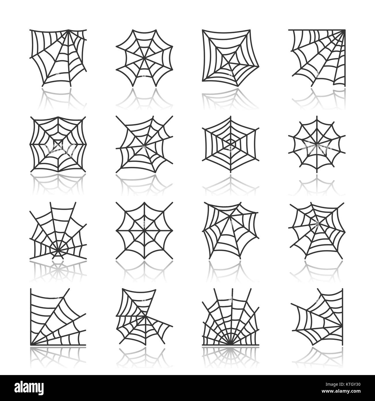 Spider web black thin line with reflection icon set. Cobweb vector isolated linear symbol pack. Spiderweb outline sign. Simple pictogram graphic colle Stock Vector