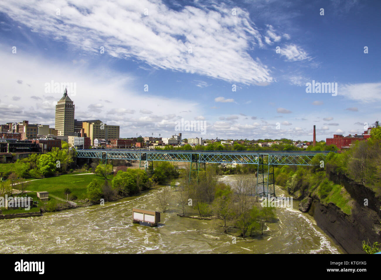 Exterior daytime stock photo of bridge over genesee river in Rochester, New York in Monroe County on semi cloudy summer day Stock Photo