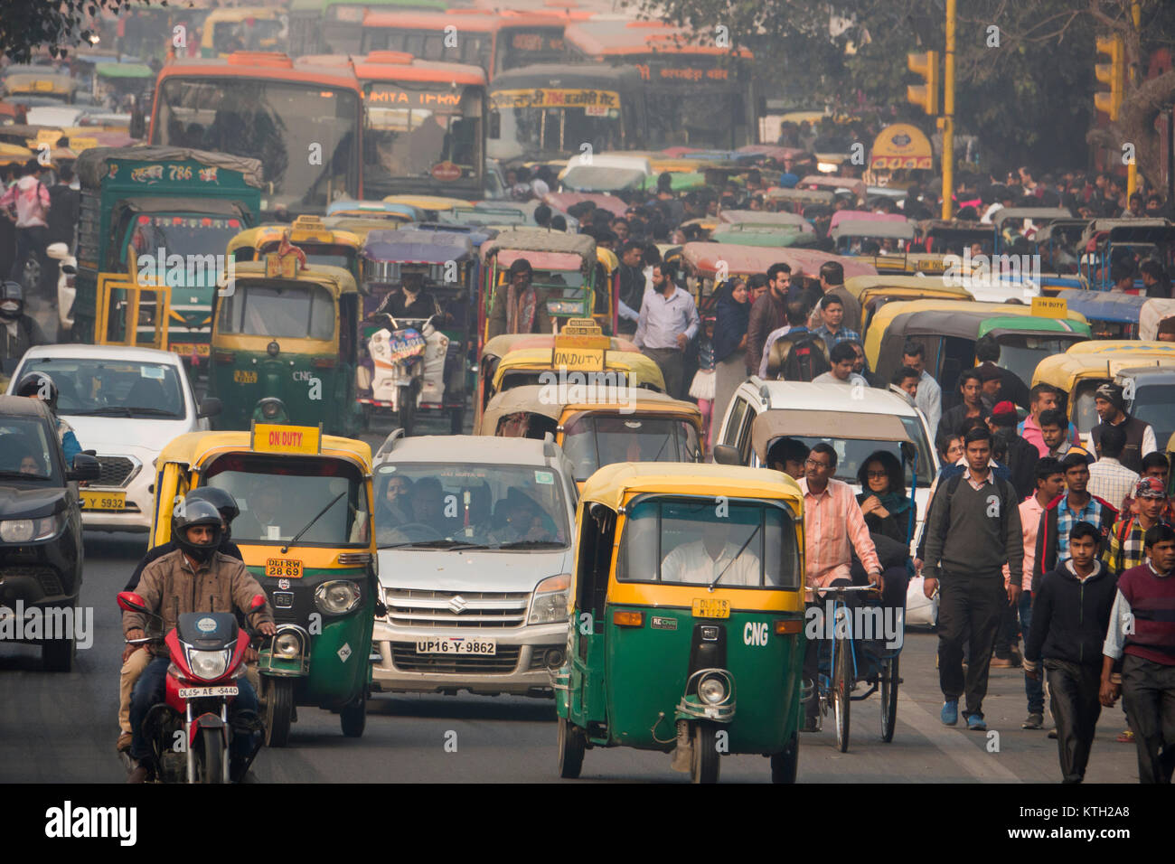 Busy traffic street scene in New Delhi, India Stock Photo