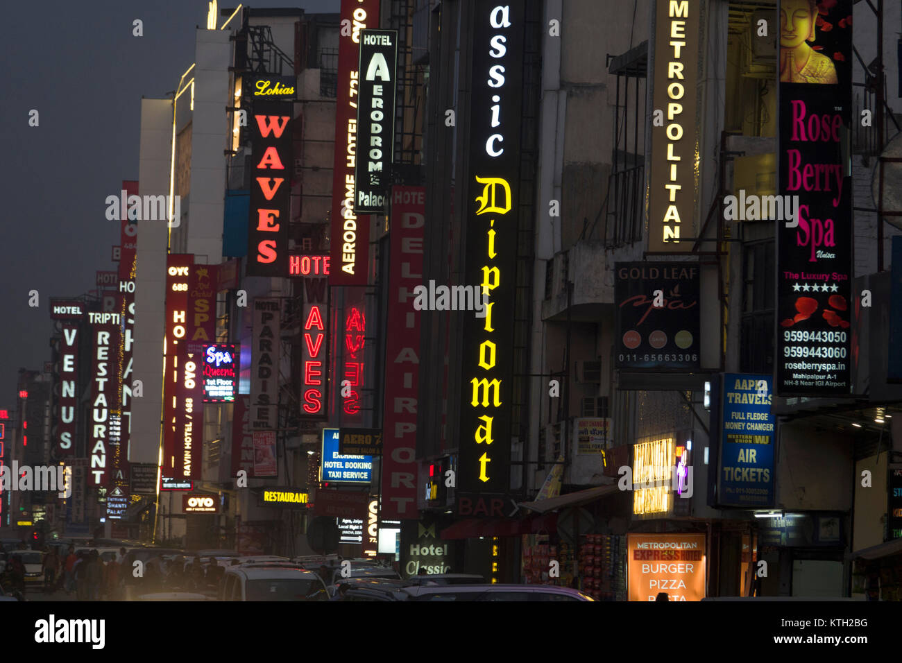 Hotel and restaurant neon signs in Mahipalpur, Delhi aero city, India Stock Photo