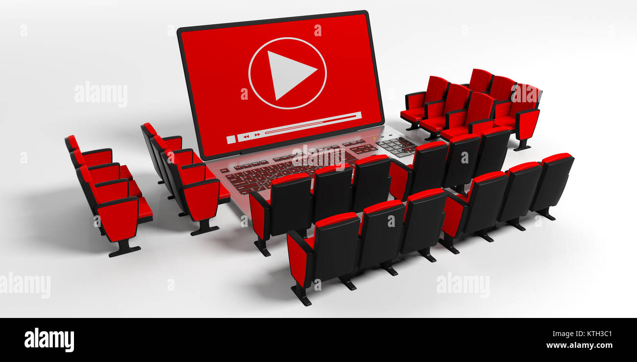 Home cinema concept. Movie clapper on the screen of  a laptop and cinema chairs isolated on white background. 3d illustration Stock Photo