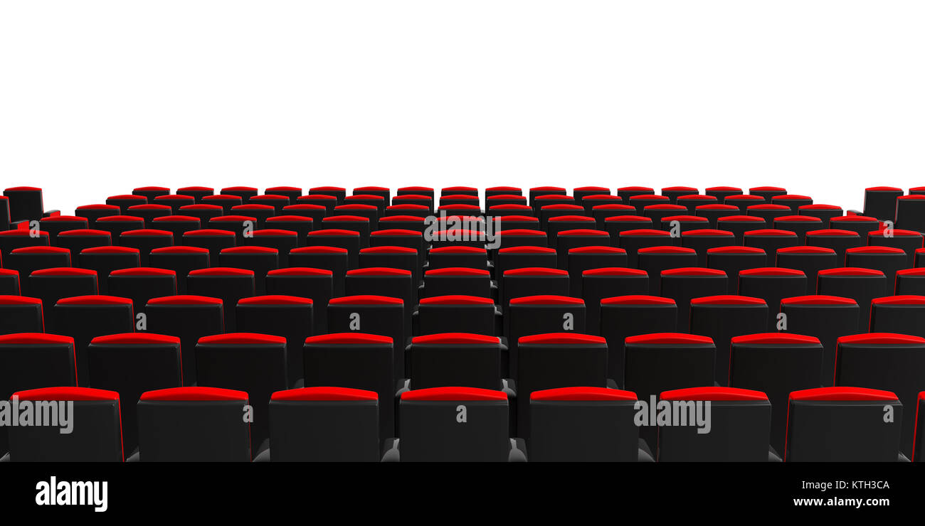 Red theater chairs on white background, view from behind, copyspace. 3d illustration Stock Photo