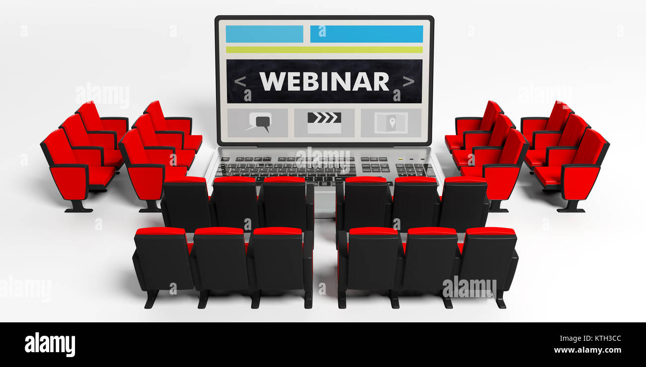 Online seminars concept. Chairs around a laptop, webinar on the screen, white background. 3d illustration Stock Photo