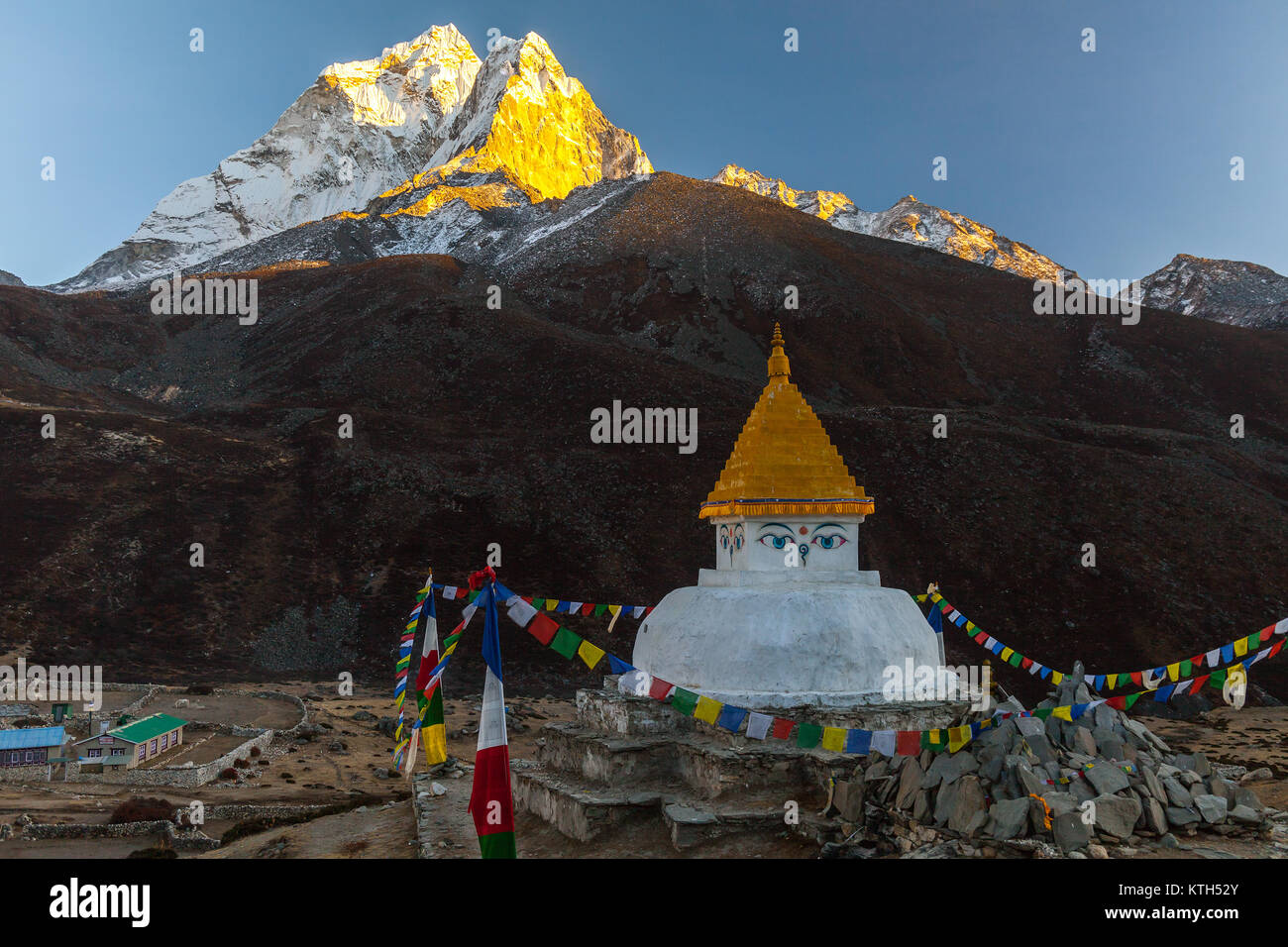 Buddhist stupa on mountain trekking path in Himalayas, Nepal Stock ...