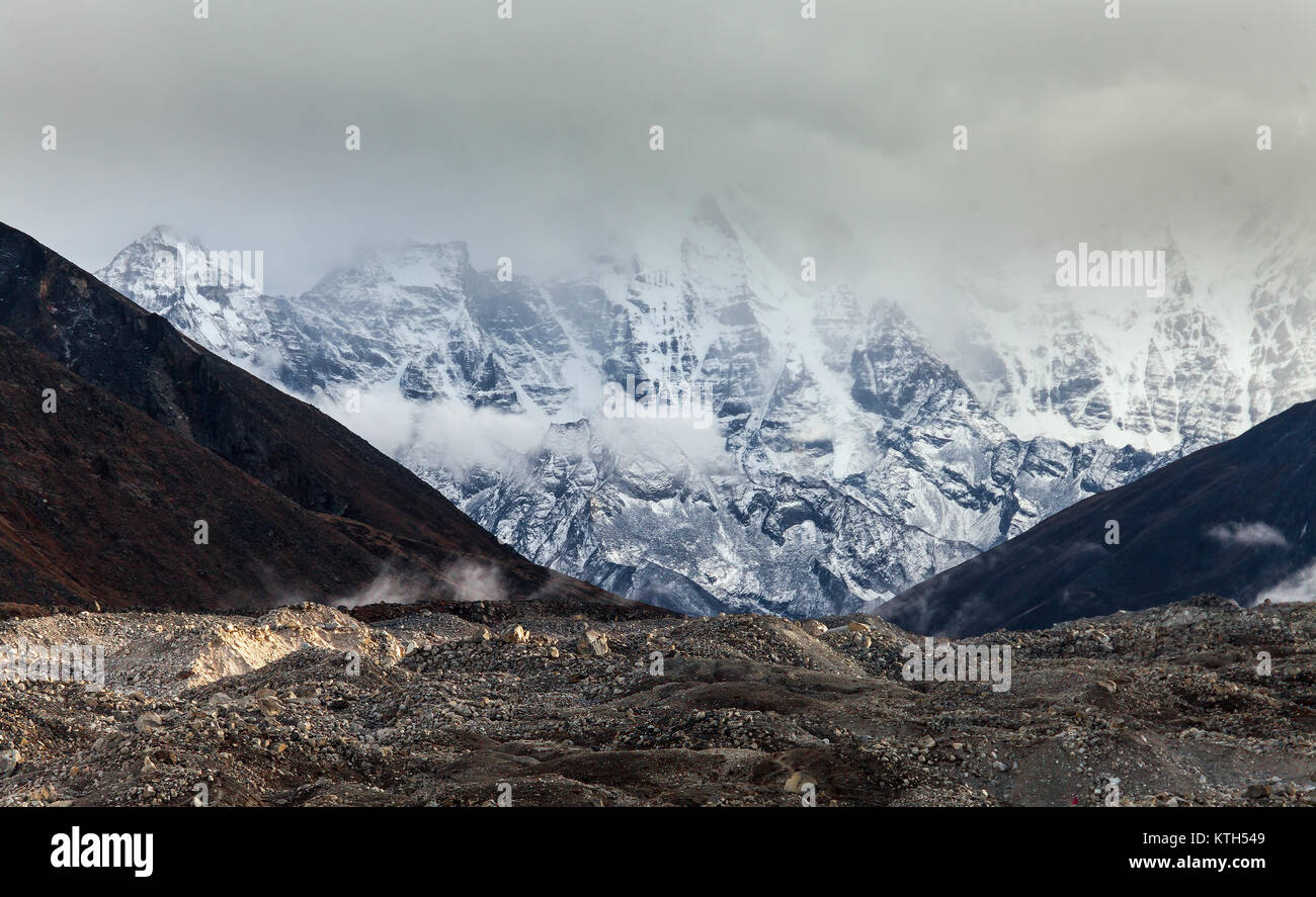 View from the moraine near Lobuche to Lhotse and Nuptse - Nepal, Himalayas Stock Photo
