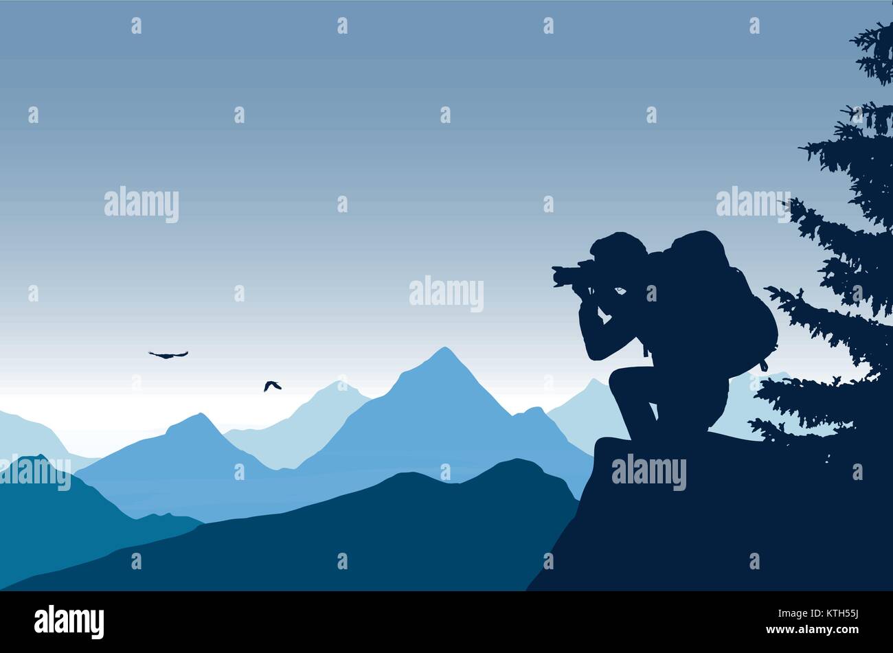 panoramic view of a mountain landscape with mist in a valley with a touring photographer under a blue sky - vector Stock Vector