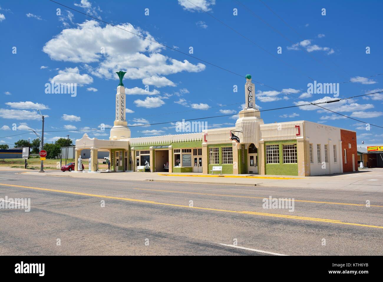 Shamrock, Texas - July 20, 2017: Art deco U-Drop Inn Conoco Station (Tower Station) on Route 66. Appeared in the animated movie 'Cars'. National regis Stock Photo