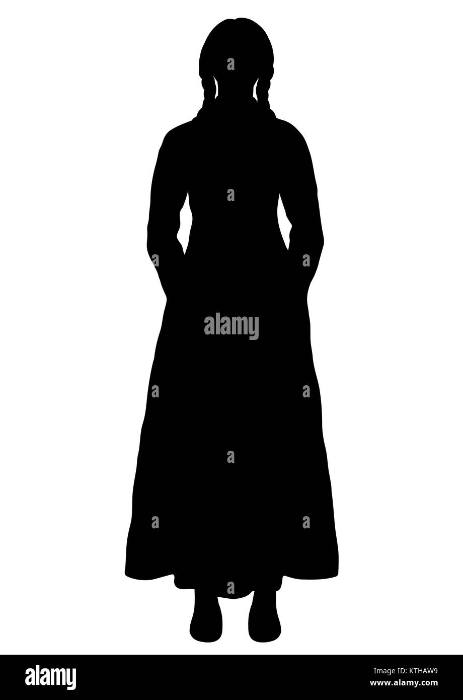 Girl in Italian national costume silhouette, vector outline portrait, black and white contour drawing. Woman full-length with braids, in an ancient traditional long dress, isolated on white background Stock Vector