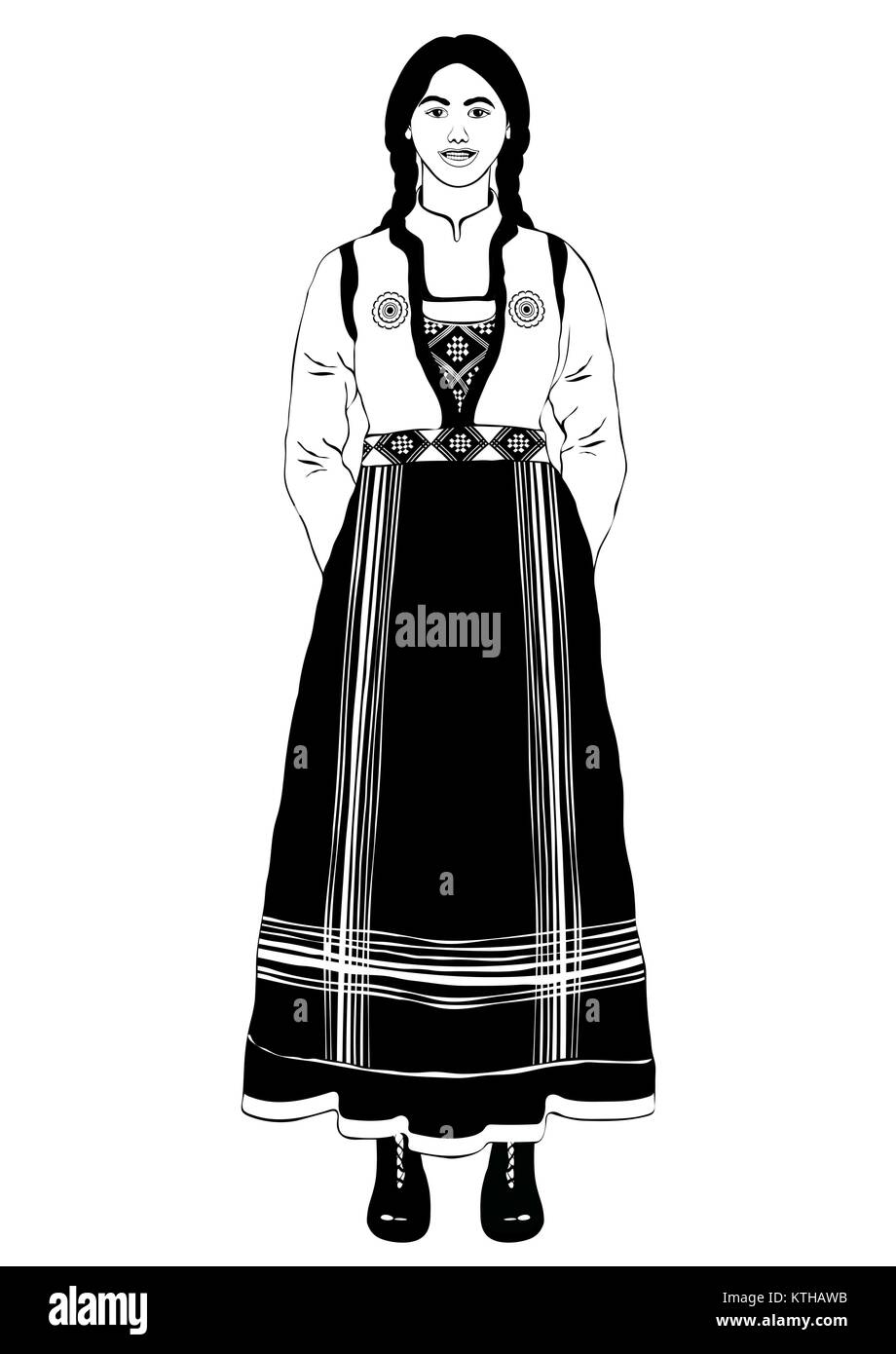 Girl in Italian national costume standing front side, vector outline portrait, black and white contour drawing, coloring. Woman full-length with braids, in an ancient traditional long dress, isolated Stock Vector