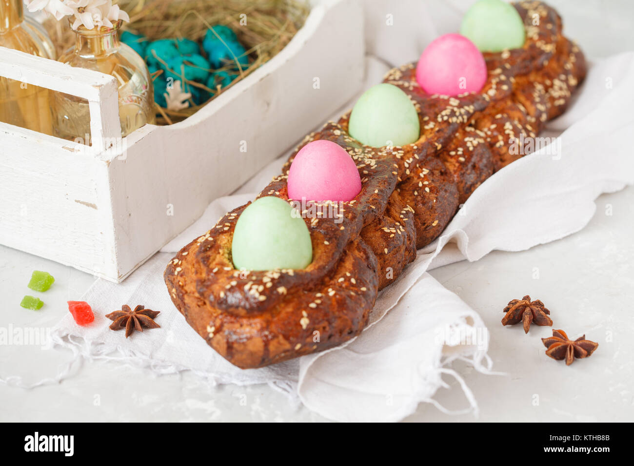 Traditional Greek Easter Bread Tsoureki In Easter Decorations