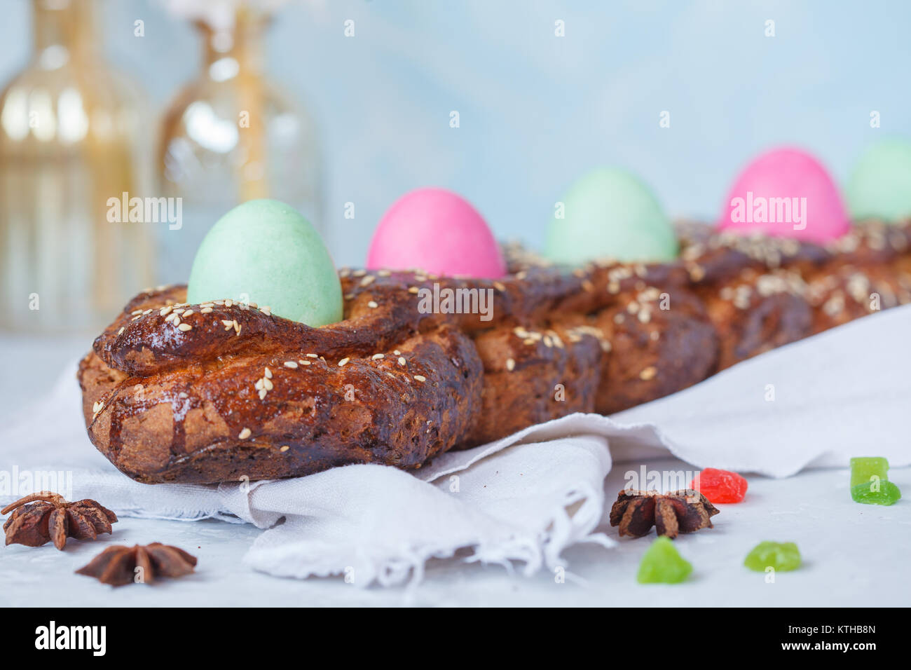 Traditional Greek Easter Bread Tsoureki In Easter Decorations