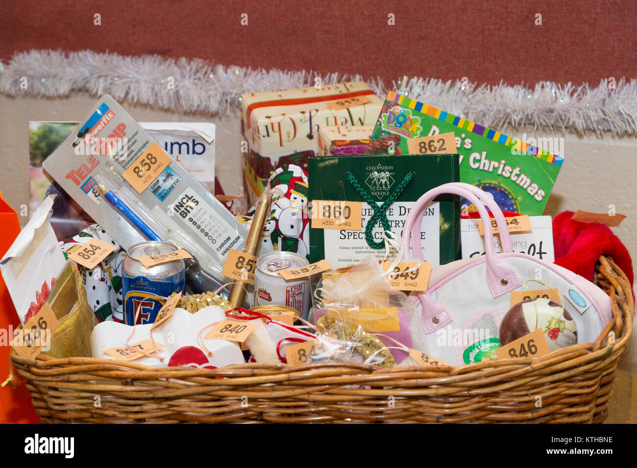 Tombola prizes at a Christmas fair Stock Photo