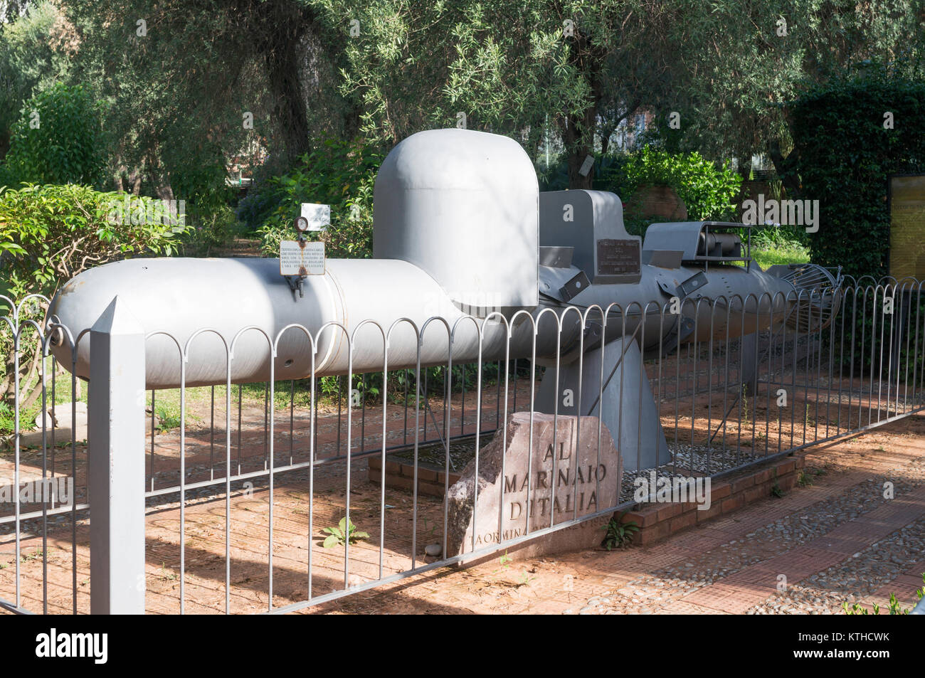 Mini submarine war memorial within the public gardens in Taormina, Sicily, Europe Stock Photo