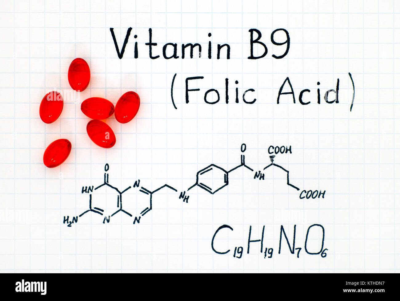 Chemical formula of Vitamin B9 (Folic Acid) with red pills. Closeup
