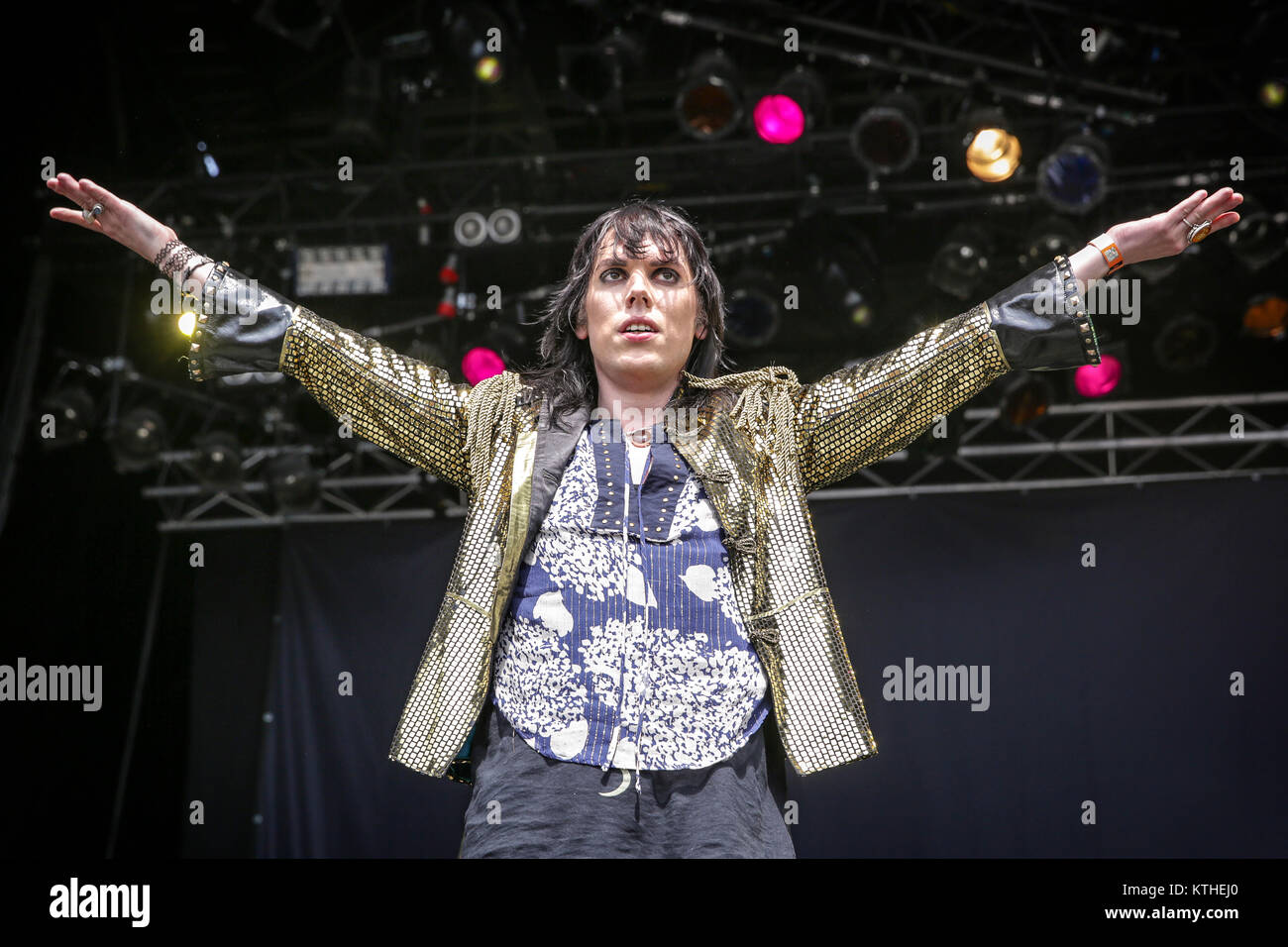 The English rock band The Struts performs a live concert at the Sweden Rock Festival 2016. Here vocalist Luke Spiller is seen live on stage. Sweden, 09/06 2016. Stock Photo