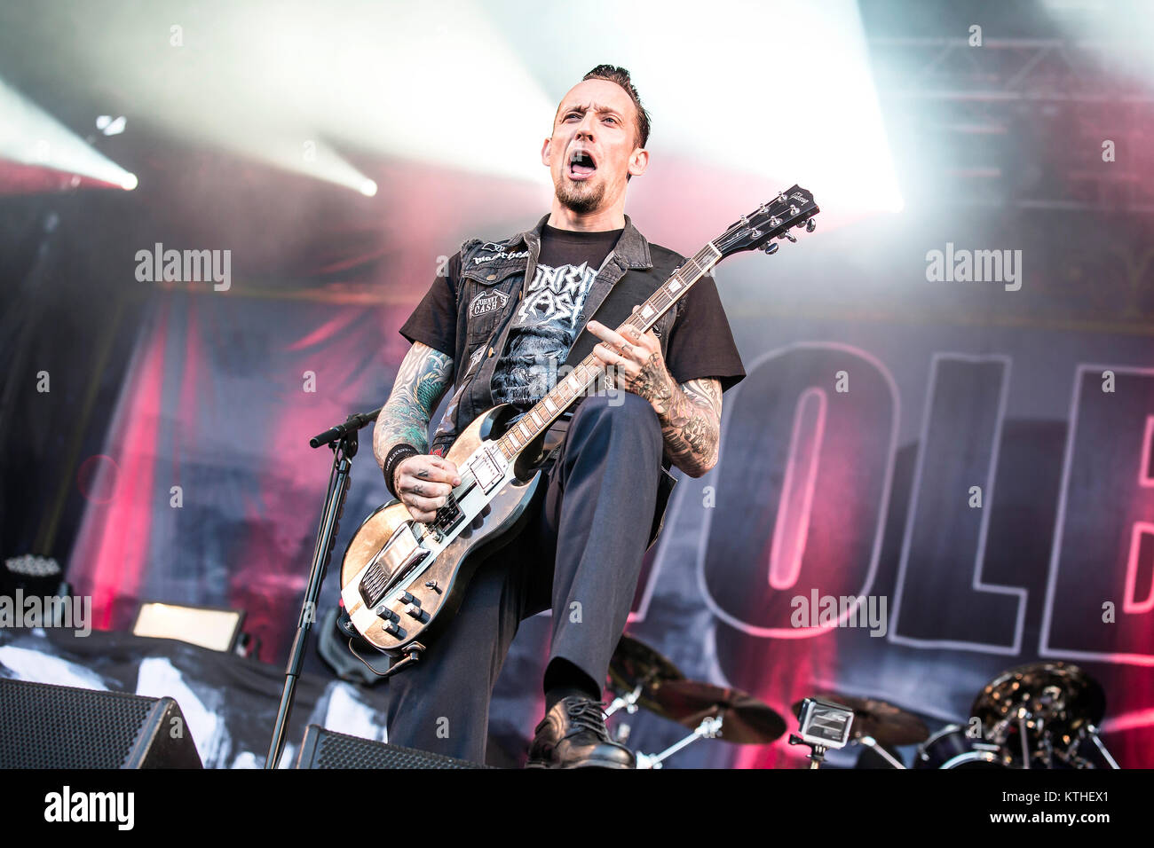 The Danish hard rock band Volbeat performs a live concert at the Norwegian  music festival Tons of Rock 2014 in Halden. Here vocalist and guitarist  Michael Poulsen is seen live on stage.