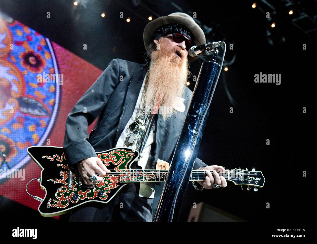 The American rock band ZZ Top performs a live concert at the Oslo Spektrum. The trio consists of Billy Gibbons, Dusty Hill and Frank Beard. Norway, 23/10 2010. Stock Photo