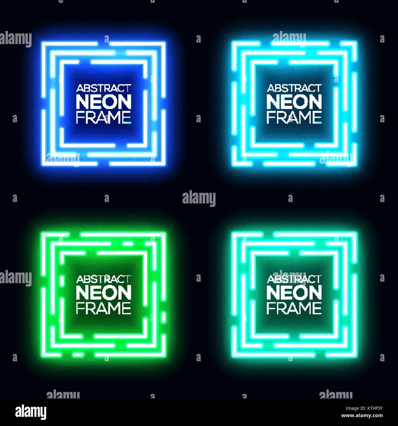 Neon light square banners set. Shining rectangle techno frame collection. Night club electric 3d banner on dark backdrop. Blue, green neon abstract background with glow. Technology vector illustration Stock Vector