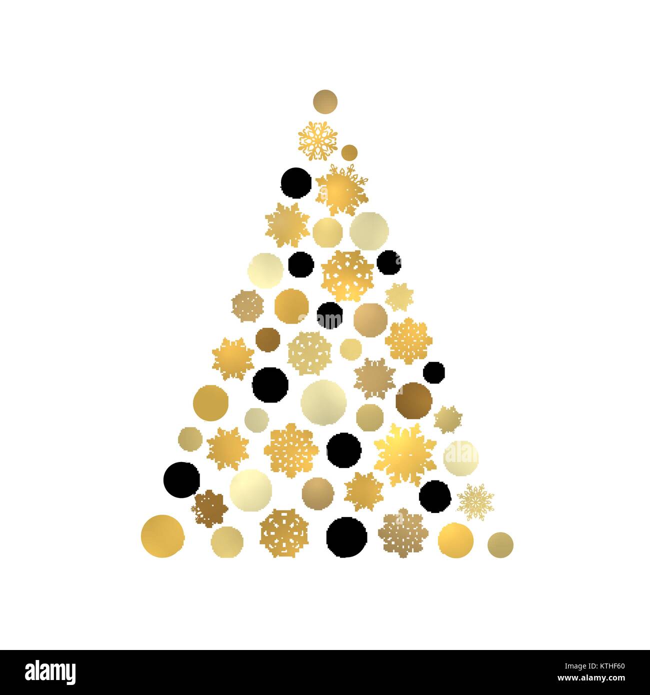 Stylized Christmas tree isolated on white background with gold and black circles and snowflakes. Stylish Xmas card with golden balls. Seasons greetings vector card. Font illustration. Stock Vector