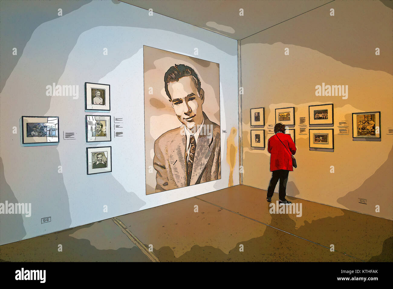 Photoshop treatment of a spectator looking at Warhol family photos exhibited at the Andy Warhol Museum in downtown Pittsburgh, Pennsylvania. Stock Photo