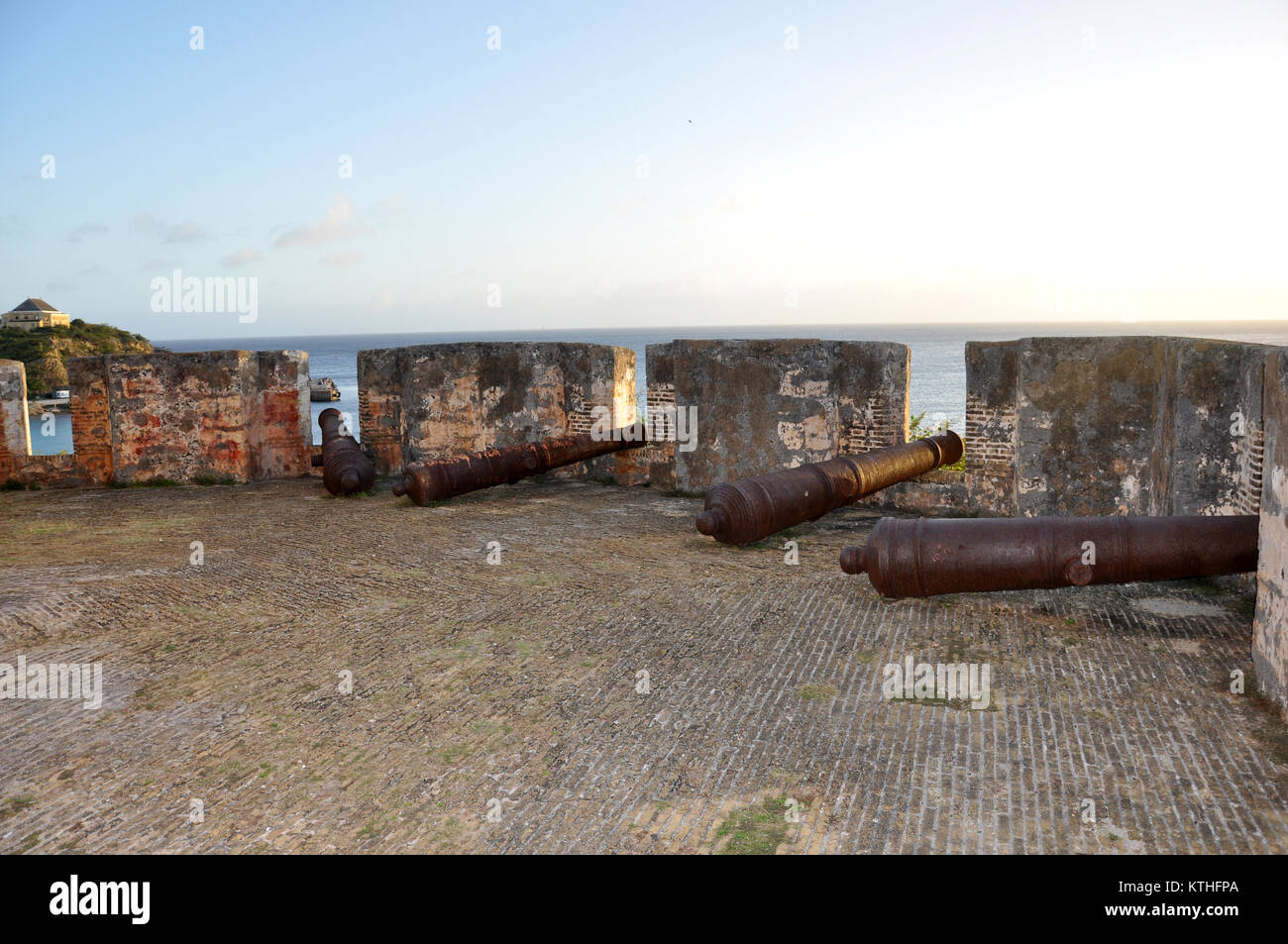 Cannons at Fort Beekenburg, Caracas Bay, Curacao, Netherlands Antilles, West Indies, Central America. The fort was built in 1703 and has been used to  Stock Photo