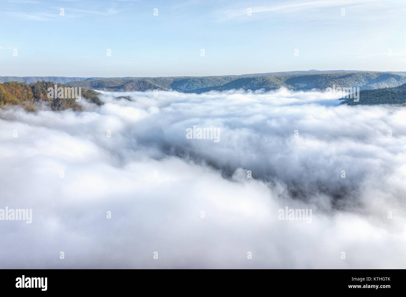 Mountains and fog, mist clouds in morning floating above forest trees ...