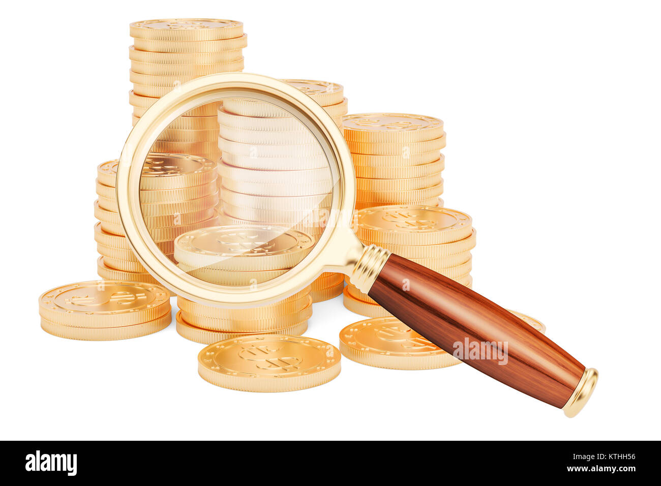 Golden coins with magnifier, 3D rendering isolated on white background