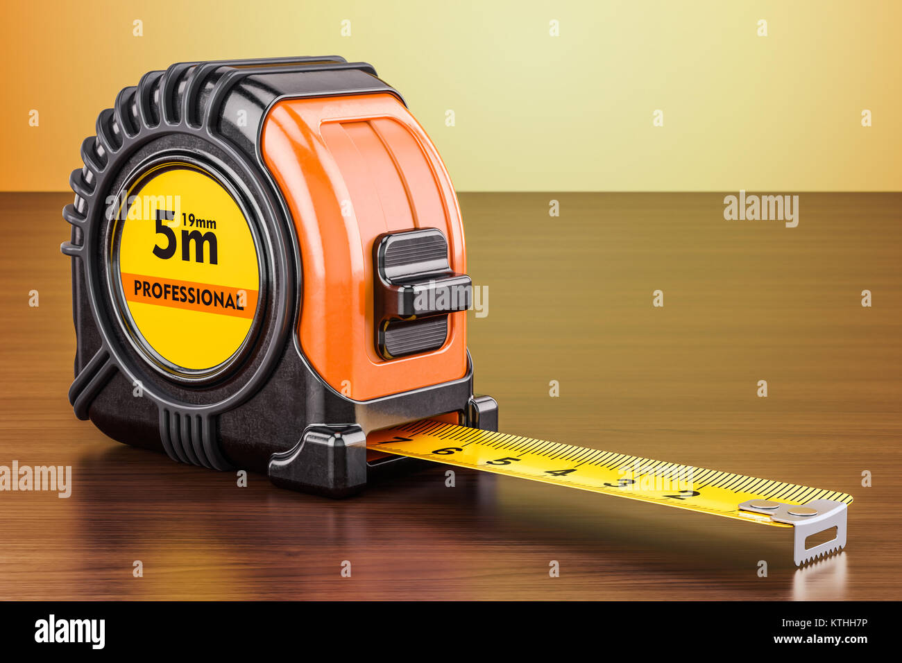 Tape measure on the wooden table, 3D rendering Stock Photo