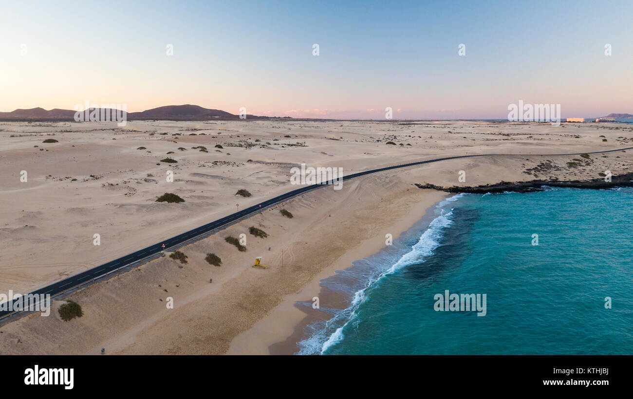 aerial view of desert road to the coast with dunes Stock Photo