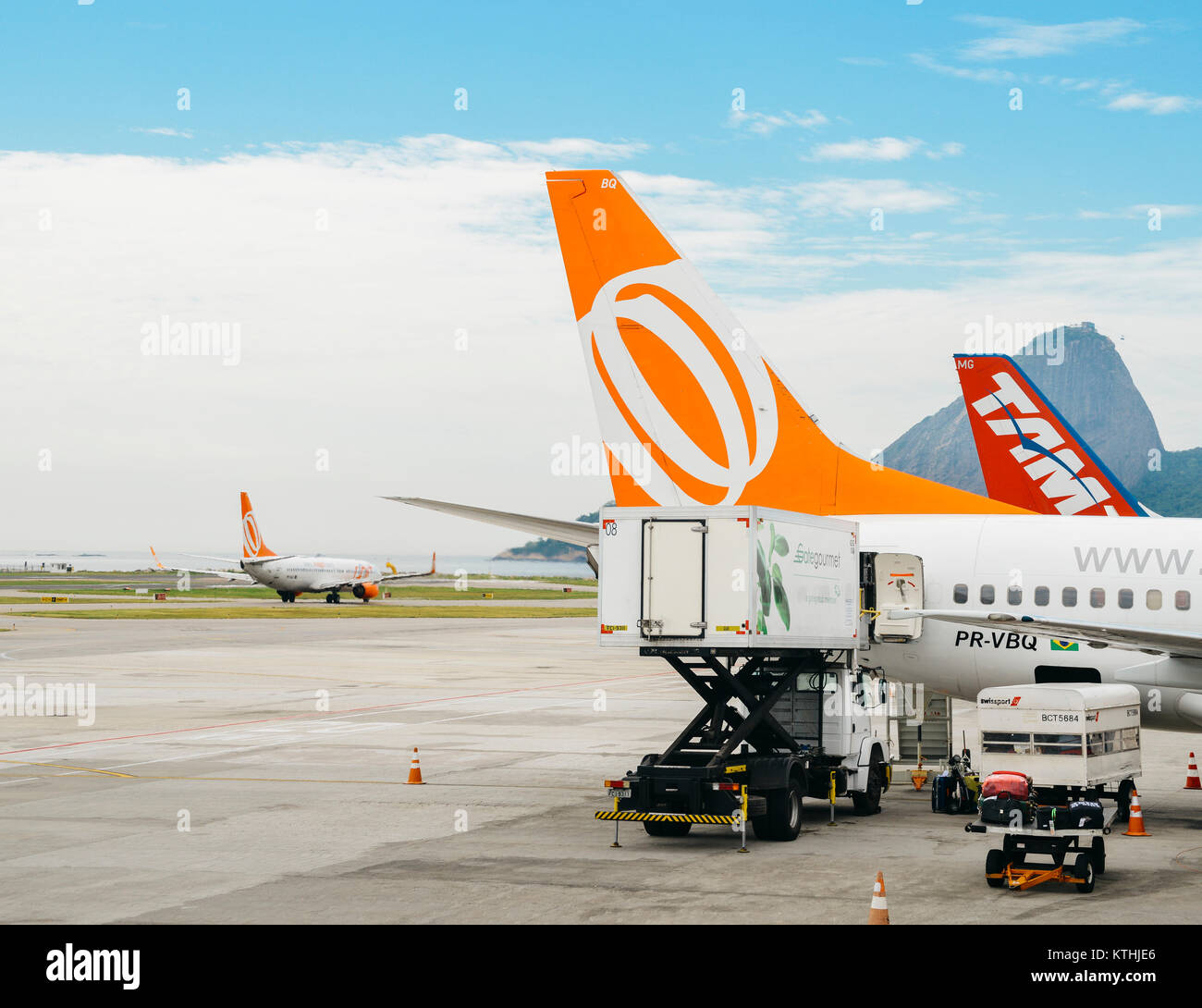 Santos Dumont Airport, Rio de Janeiro, Brazil - Dec 22, 2017: Airplanes at Rio de Janeiro's Santos Dumont Airport servicing domestic flights Stock Photo