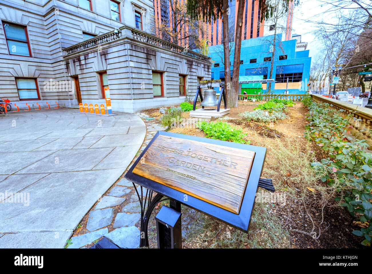 Portland, Oregon, United States - Dec 19, 2017 : Garden sign at Portland city hall Stock Photo