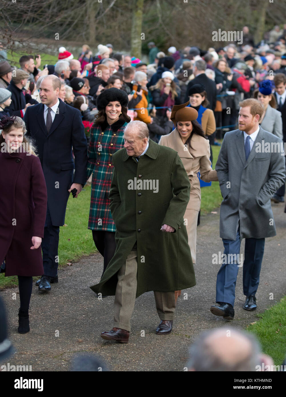 25th December 2017 Sandringham UK  Britain's Queen Elizabeth leads the British royal family as they attend a Christmas service at St Mary Magdalene church on the Sandringham Estate in Norfolk. Prince Harry's girlfriend American actress Meghan Markle attended the service having been invited by the Queen to join the family Christmas festivities. Stock Photo