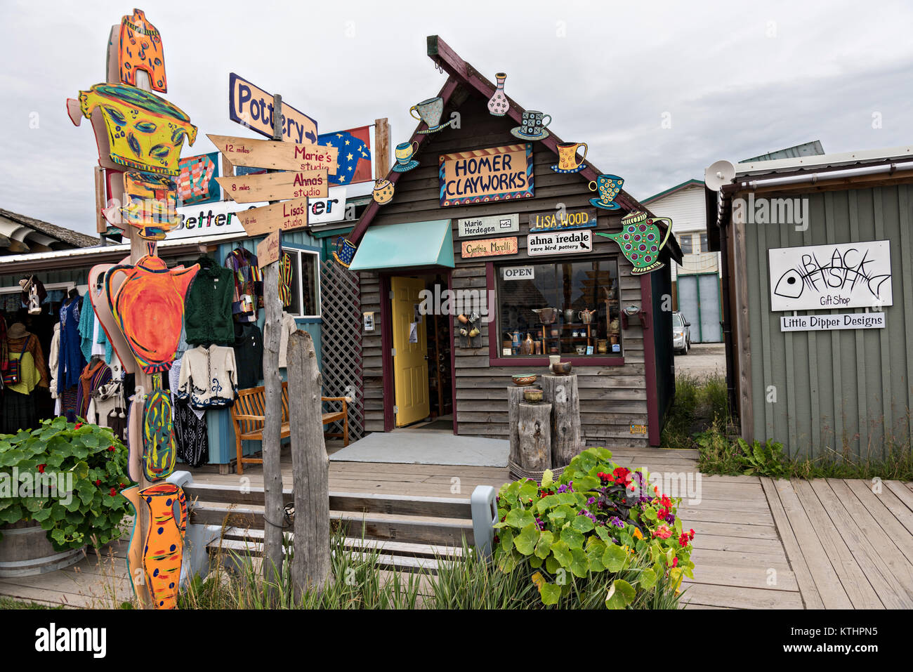 Quirky shops on Homer Spit on Kamishak Bay in Homer, Alaska Stock Photo
