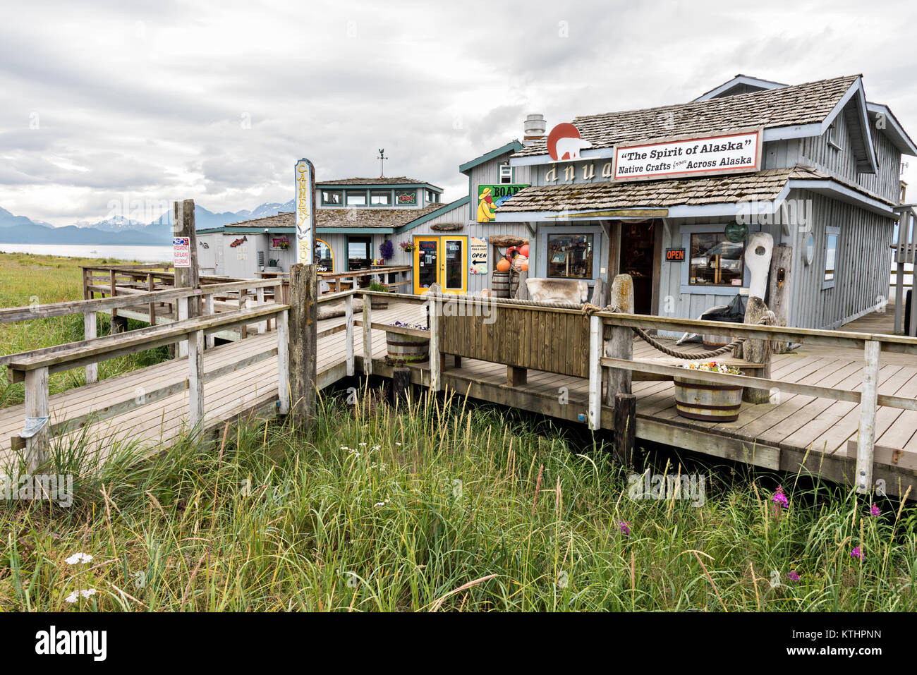 Restaurants and shops along the marsh boardwalk on Homer Spit on
