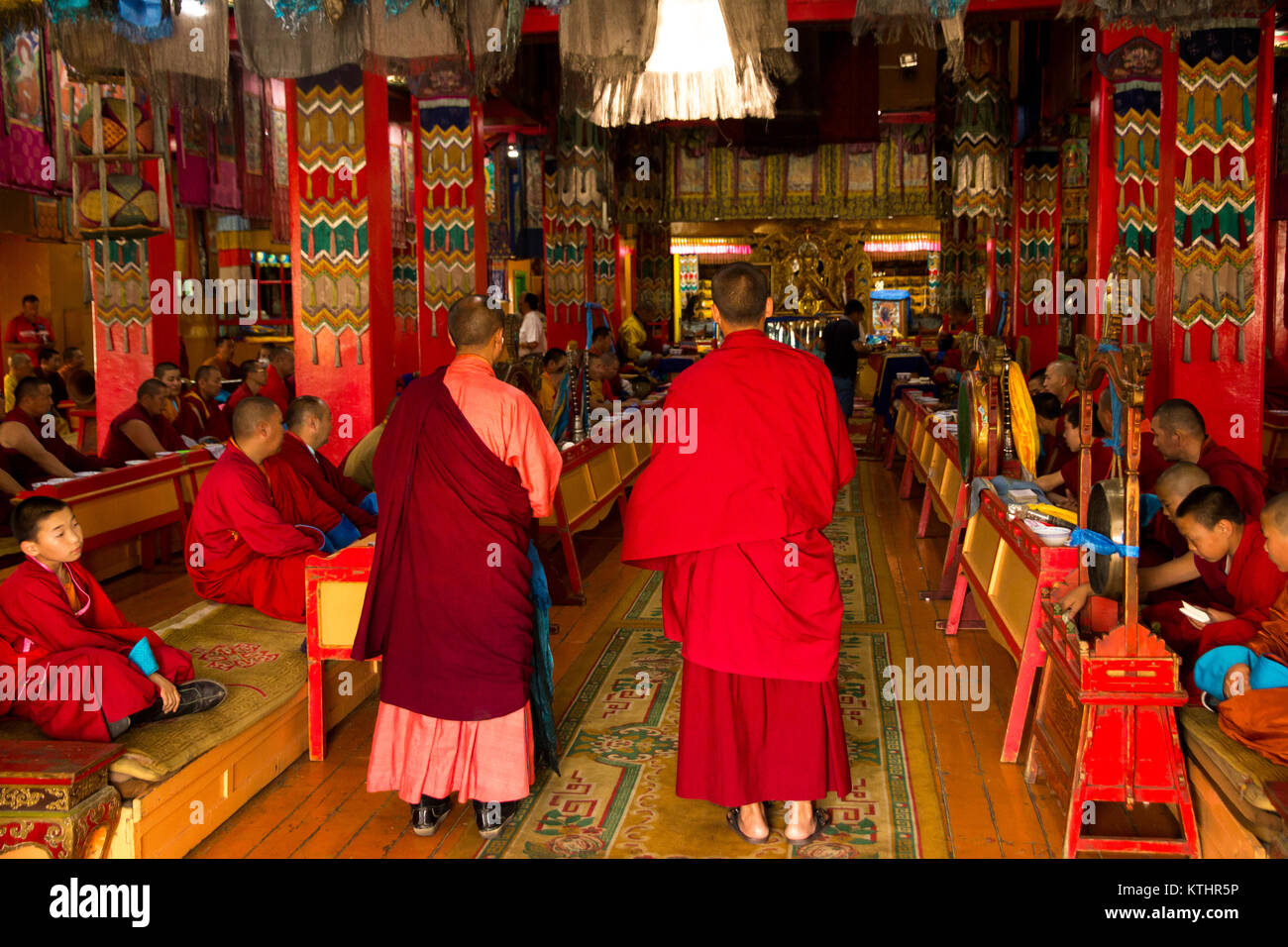 Monks at  thservice in Gandan monastery, Ulaan-Baatar, Mongolia. Stock Photo