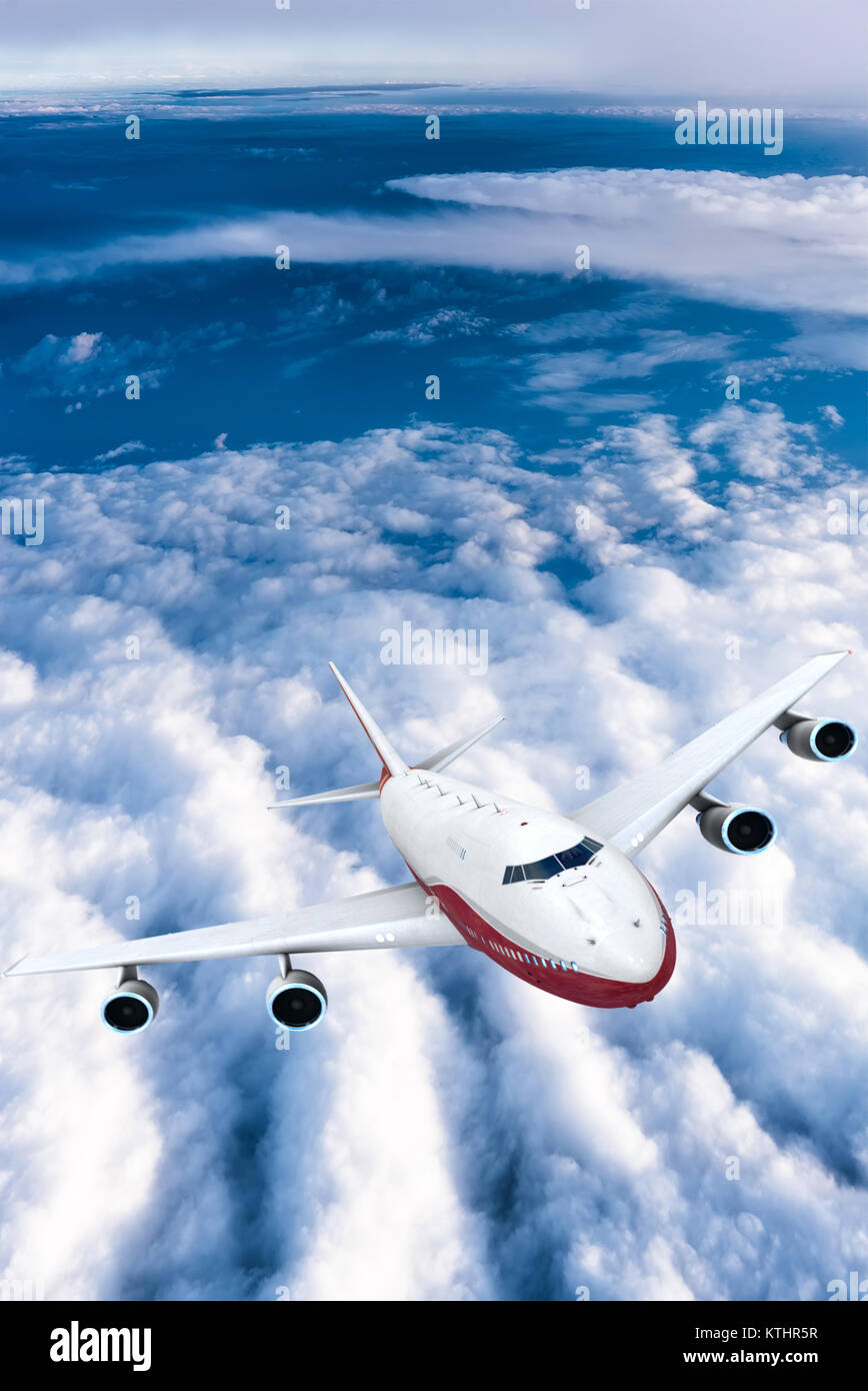 Airplane flying in the sky against cloudy sky background Stock Photo ...