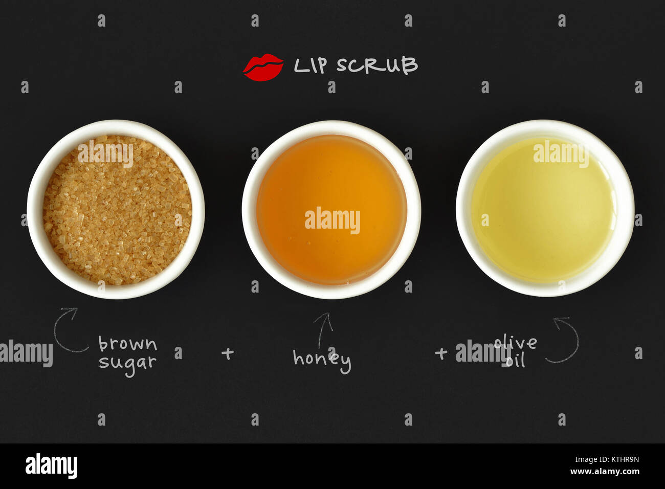 Homemade lip scrub made out of brown sugar, honey and olive oil - Black background Stock Photo