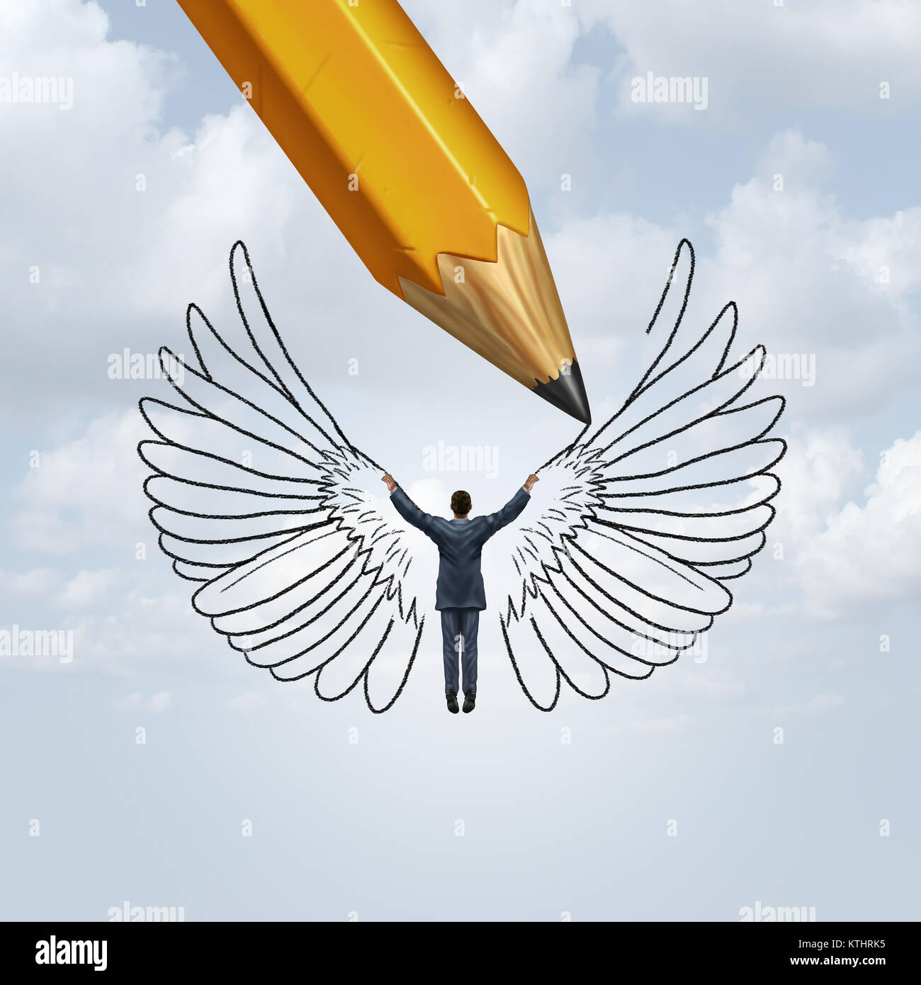Create success and unlocking human potential as a pencil drawing wings on a person as a metaphor for learning to fly in life. Stock Photo