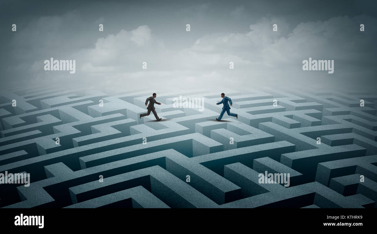Business meeting strategy as two businessmen running above a maze as a clever solution to meet as a corporate metaphor for success. Stock Photo