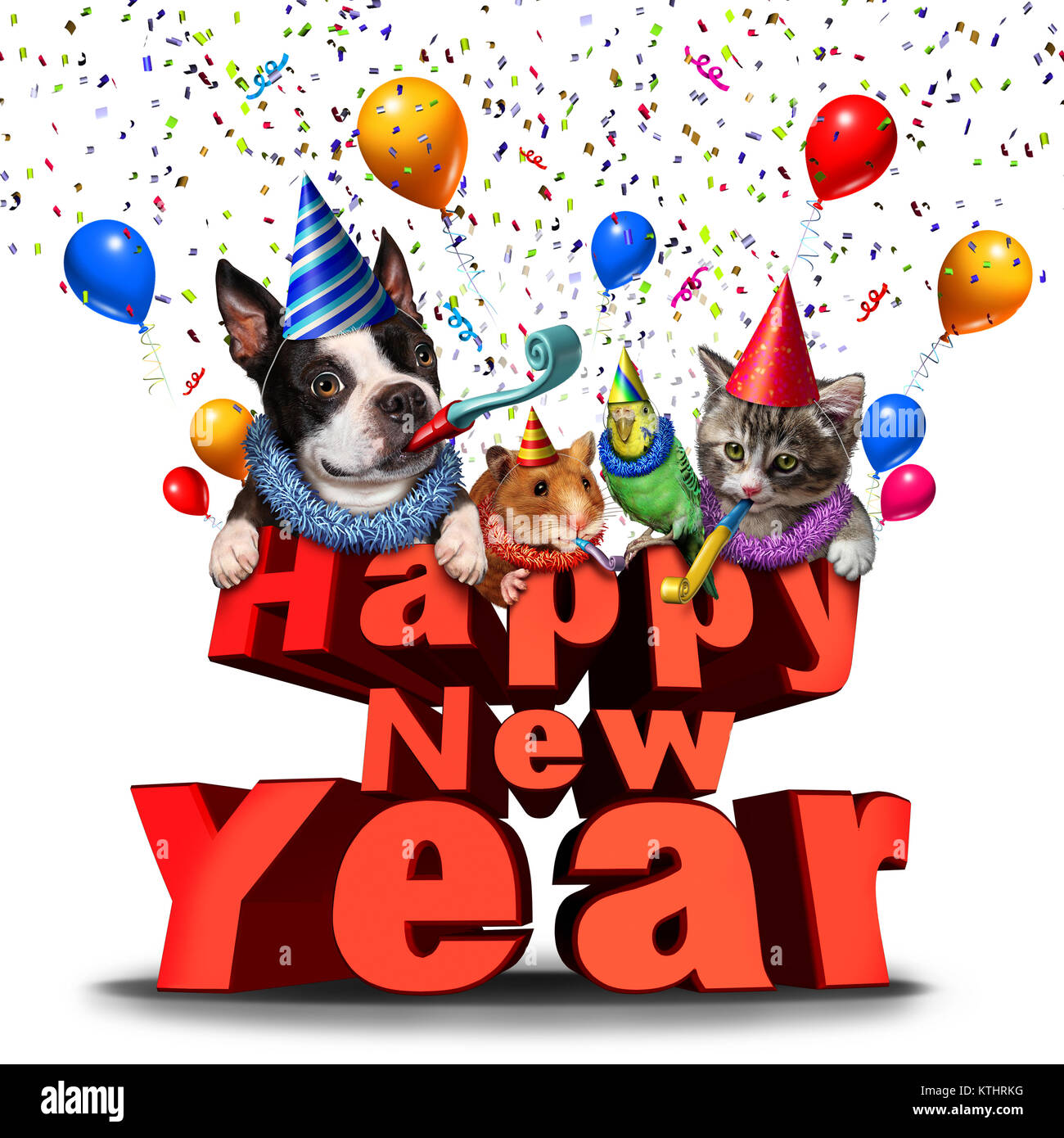 Happy New Year cute animals festive graphic element as a joyous celebration as adorable pets as a dog cat bird and hamster celebrating. Stock Photo