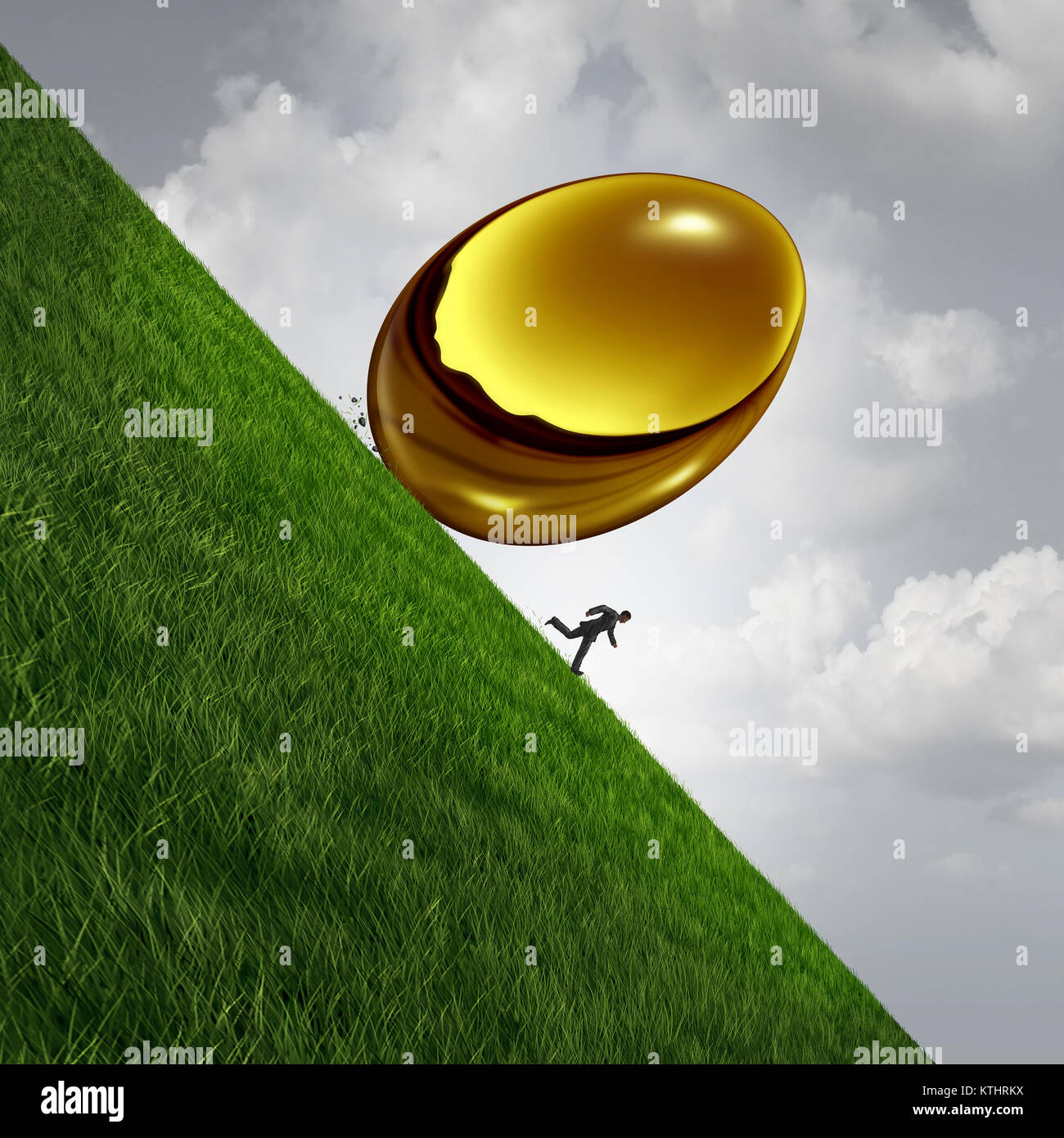 Retirement investment fund trouble crisis concept as a gold or golden egg falling rolling down hill as a financial retiring senior stress symbol. Stock Photo