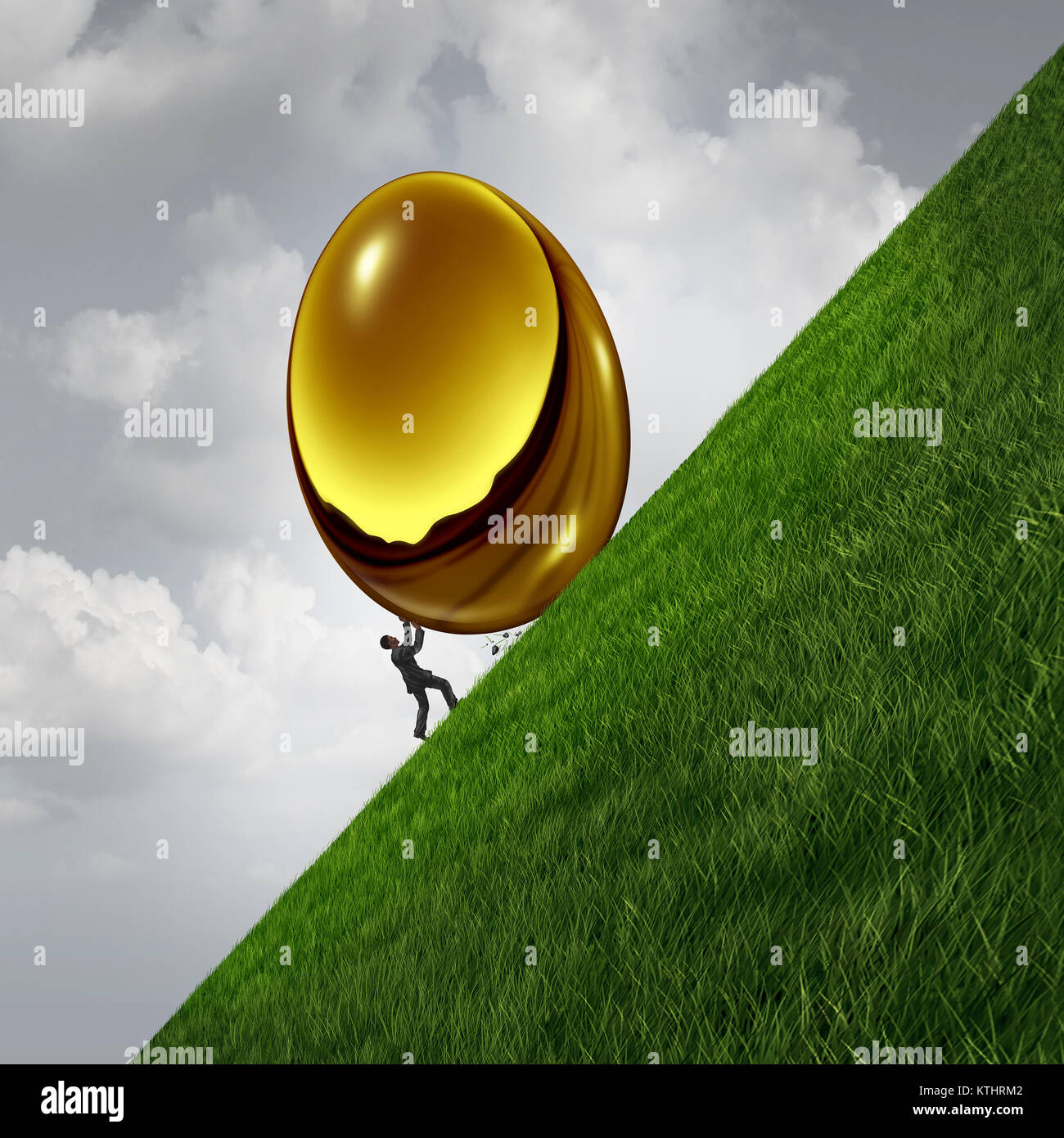 Investment struggle as a business sisyphus metaphor as a businessman pushing a heavy golden egg up a hill as financial challenge symbol. Stock Photo